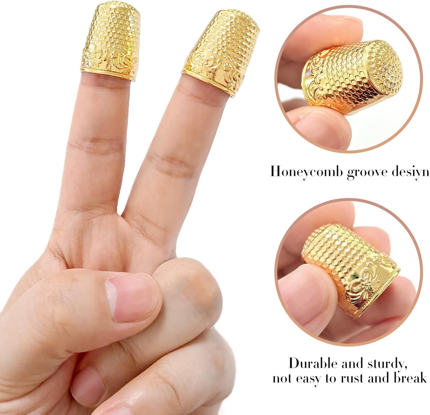 FR 4Pcs Sewing Thimbles, Metal Thimbles for Hand Sewing Finger Protector Knitting Needlework DIY Tools Gold
