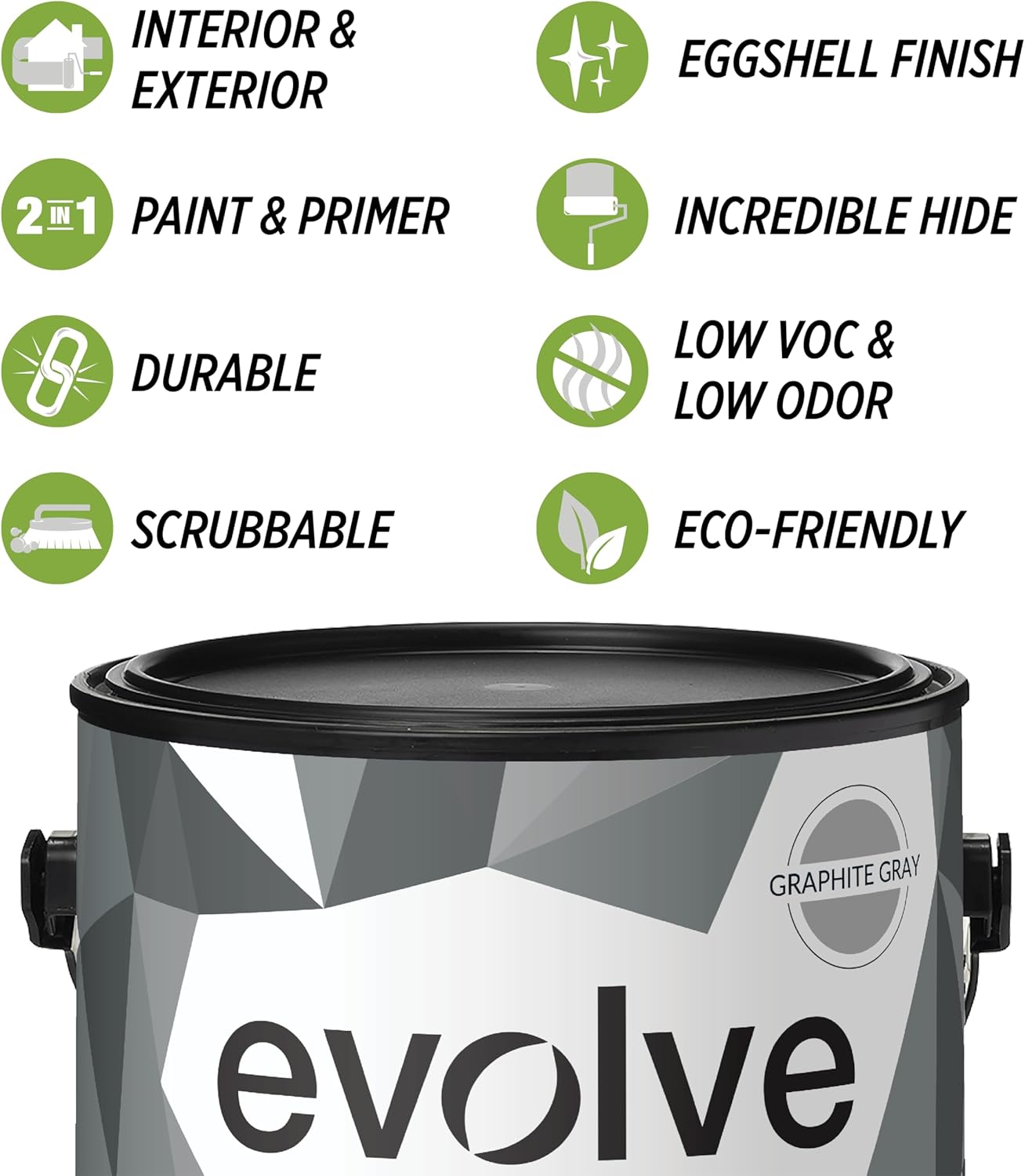 EVOLVE Paint & Primer: Environment-friendly, Low Sheen with One-coat Coverage for Interior & Exterior surfaces (Graphite Gray, 5-Gallon)