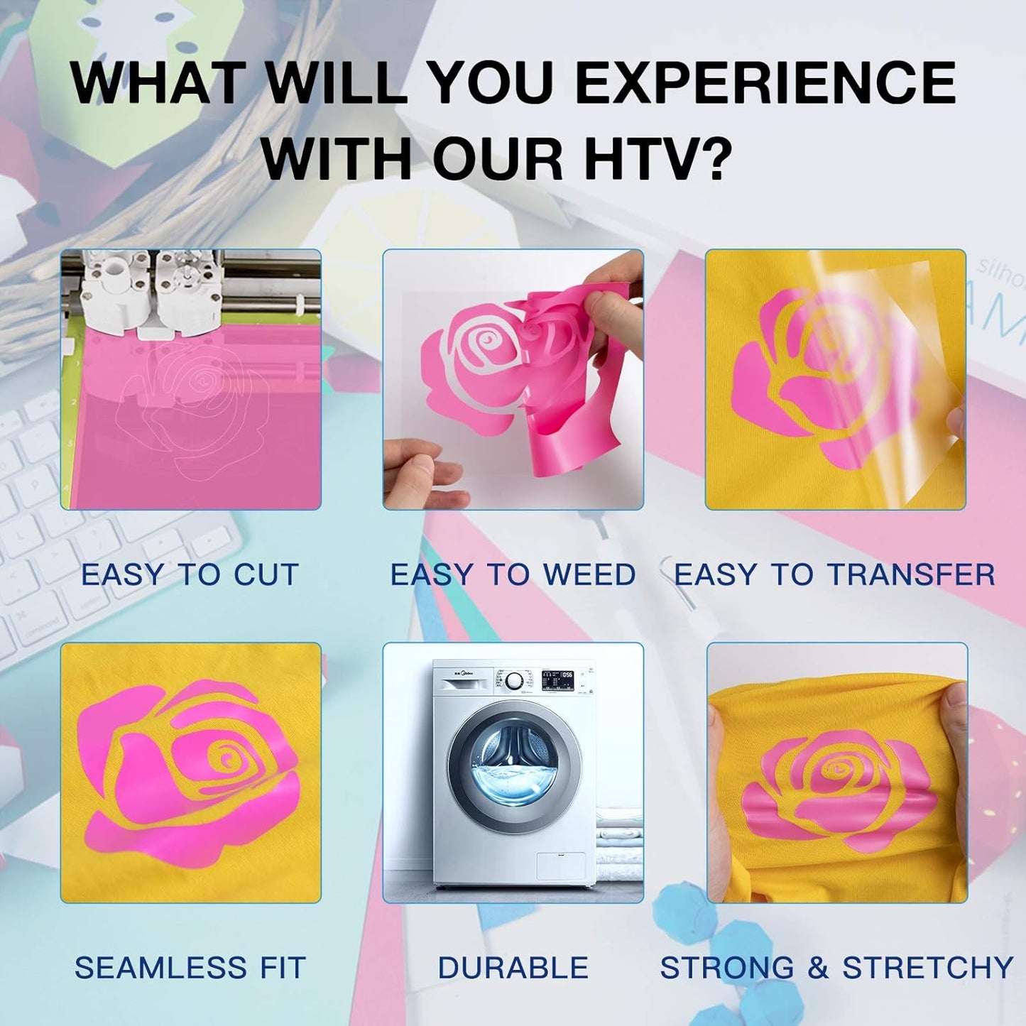 HTVRONT HTV Vinyl Rolls Heat Transfer Vinyl - 12" x 8ft Pink HTV Vinyl for Shirts, Iron on Vinyl for All Cutting Machine - Easy to Cut & Weed for Heat Vinyl Design (Pink)