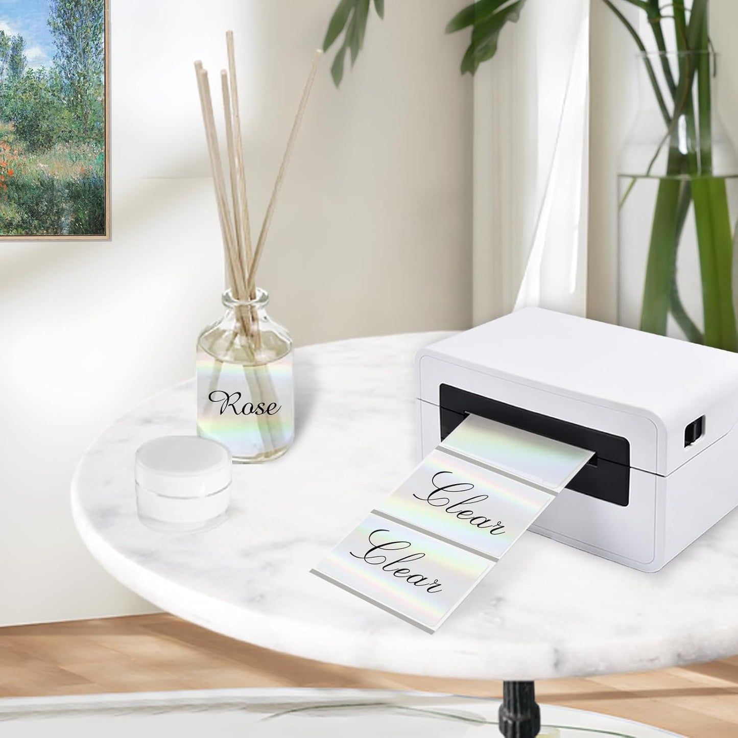 3x2 Inch Transparent Holographic Thermal Labels Stickers, Clear Self-Adhesive Direct Thermal Labels, Perforation Line Design& Waterproof- 200 Sheets