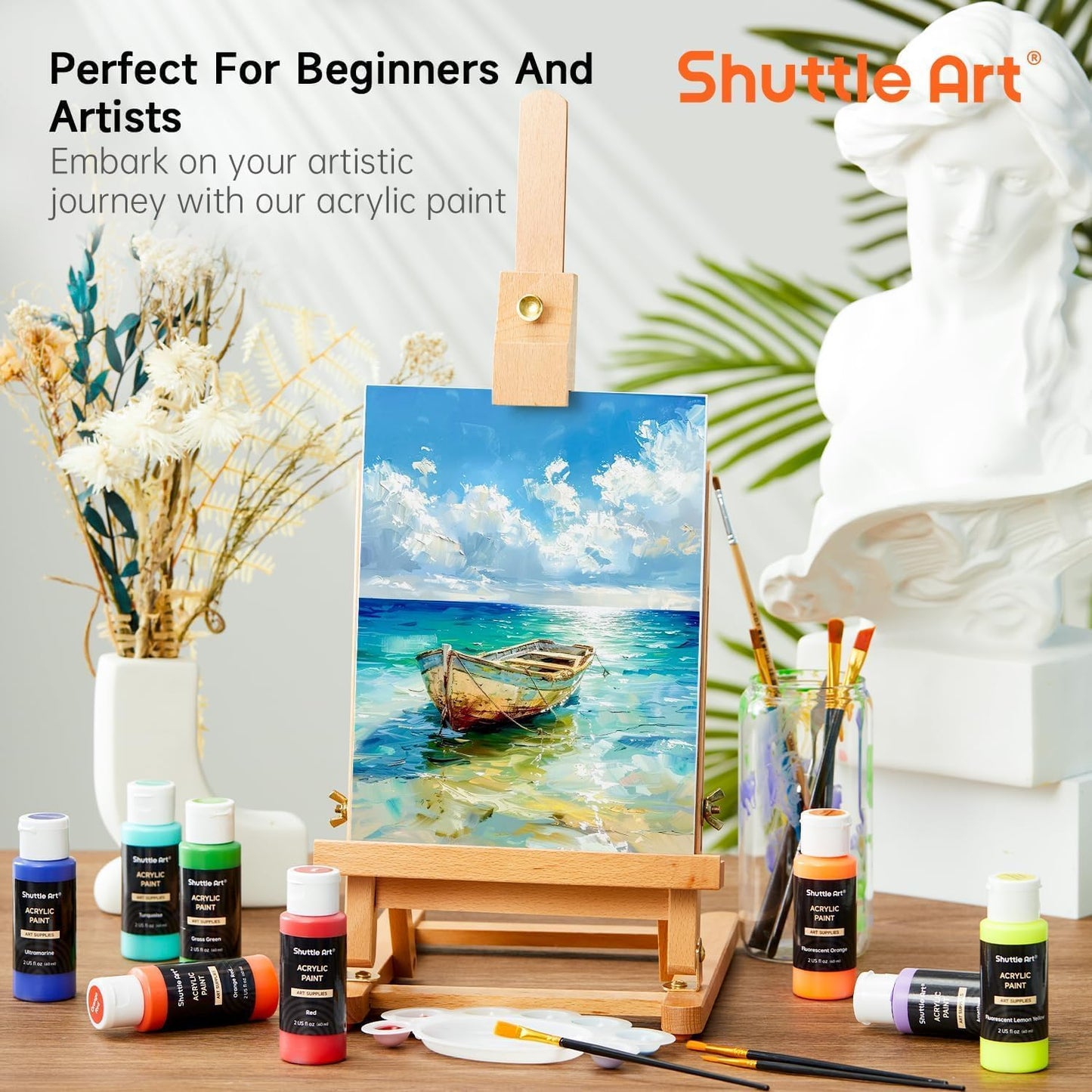 Shuttle Art 80 Colors Acrylic Paint, Acrylic Paint set with 12 Paint Brushes, 2oz/60ml Bottles, Rich Pigmented, Premium Paints for Artists, Beginners and Kids on Canvas Rocks Wood Ceramic
