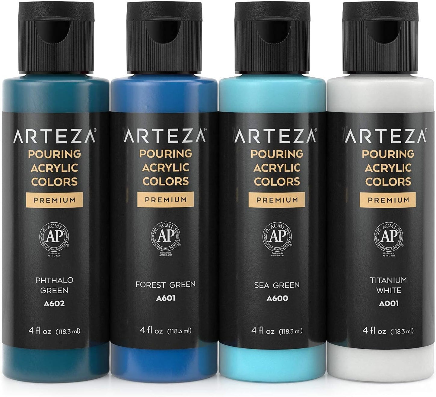 ARTEZA Acrylic Pouring Paint Set of 4 Colors, 4 ounce Bottles, Aqua Tones, High-Flow Acrylic Paint, Pouring Art Supplies Canvas, Glass, Paper, Wood