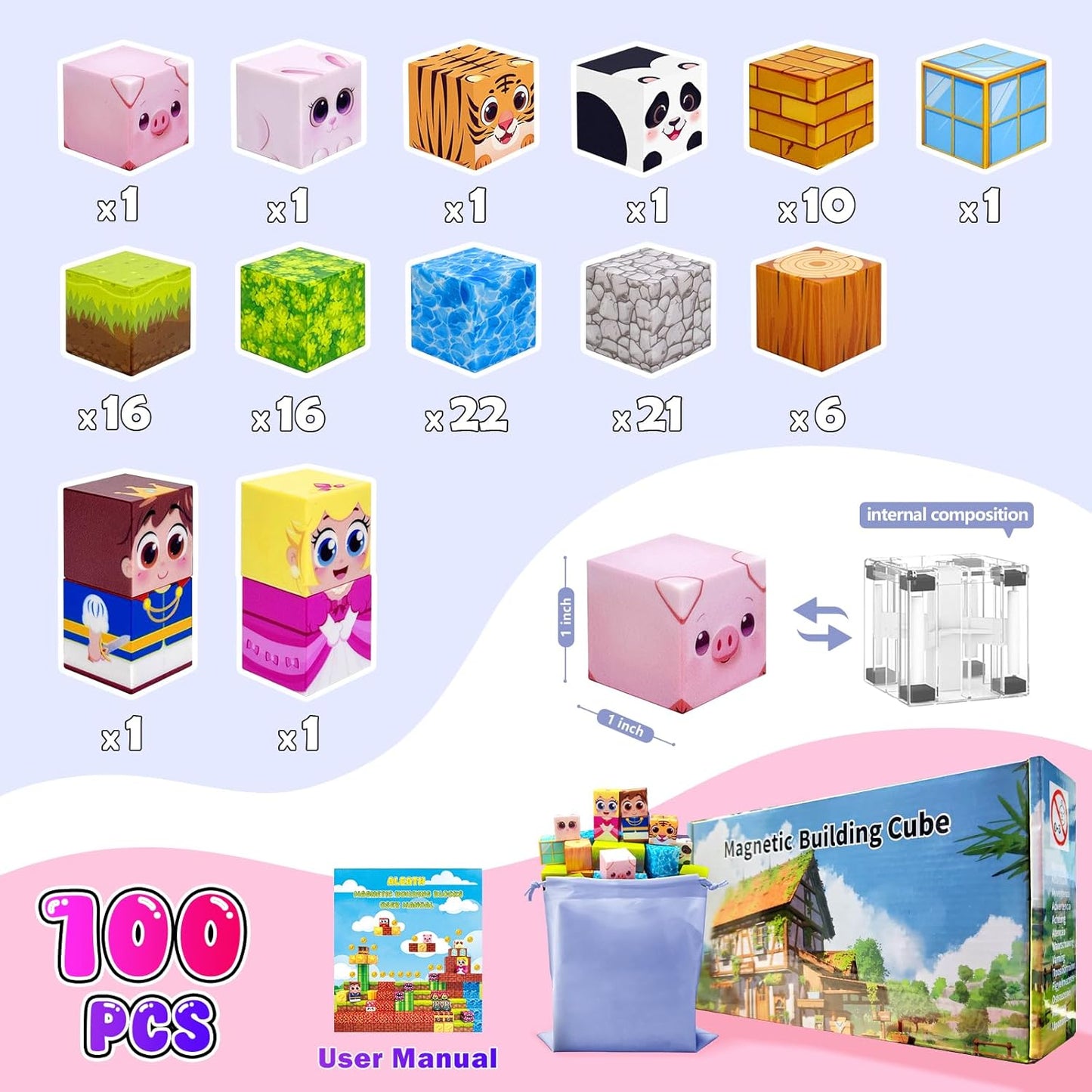 100PCS Magnetic Building Blocks for Kids: 1" Magnetic Cubes, Magnet Building Blocks for Kids Ages 8-12, Pixy Blocks STEM Toys for Boys & Girls,Christmas Birthday Gifts for Toddler Ages 3+