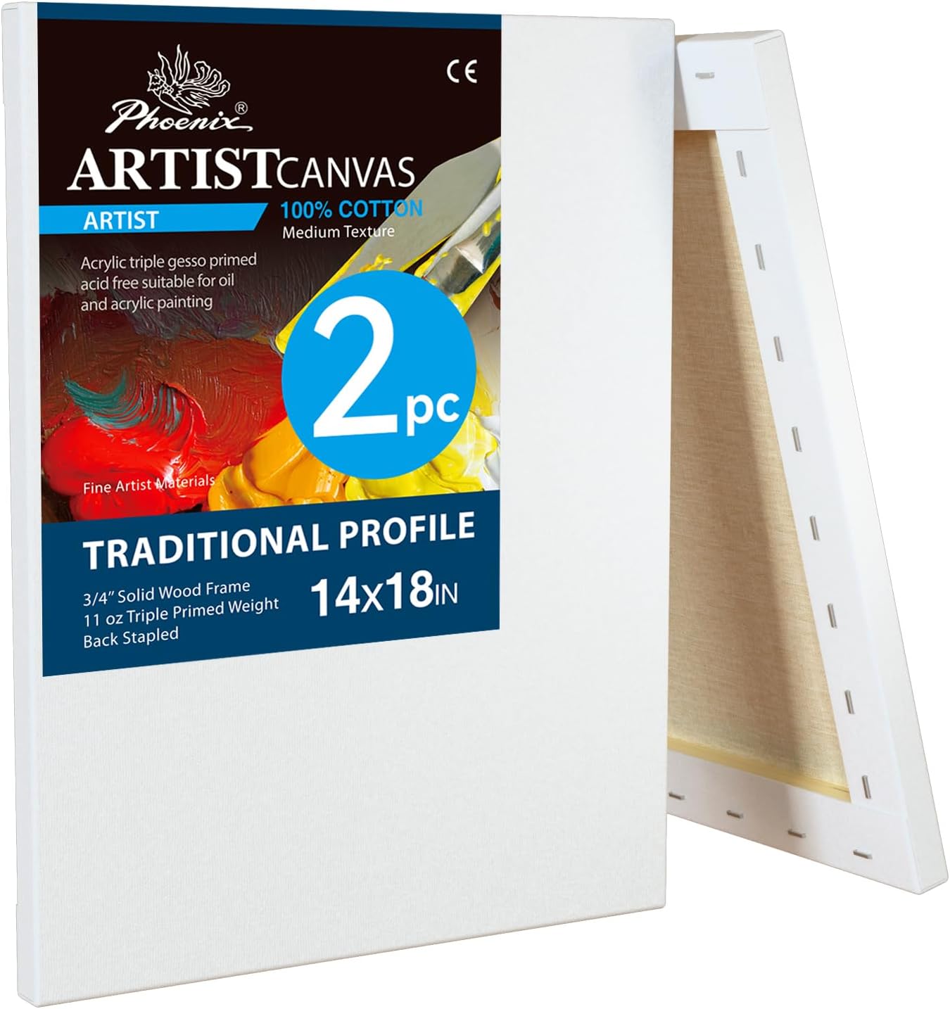 PHOENIX 14x18 Inch 2 Pack Artist Canvas - Large Stretched Canvases for Painting - 3/4 Inch Profile, 100% Cotton 11 Oz. Gesso Primed White Blank Professional Canvas Oil & Acrylic Paints