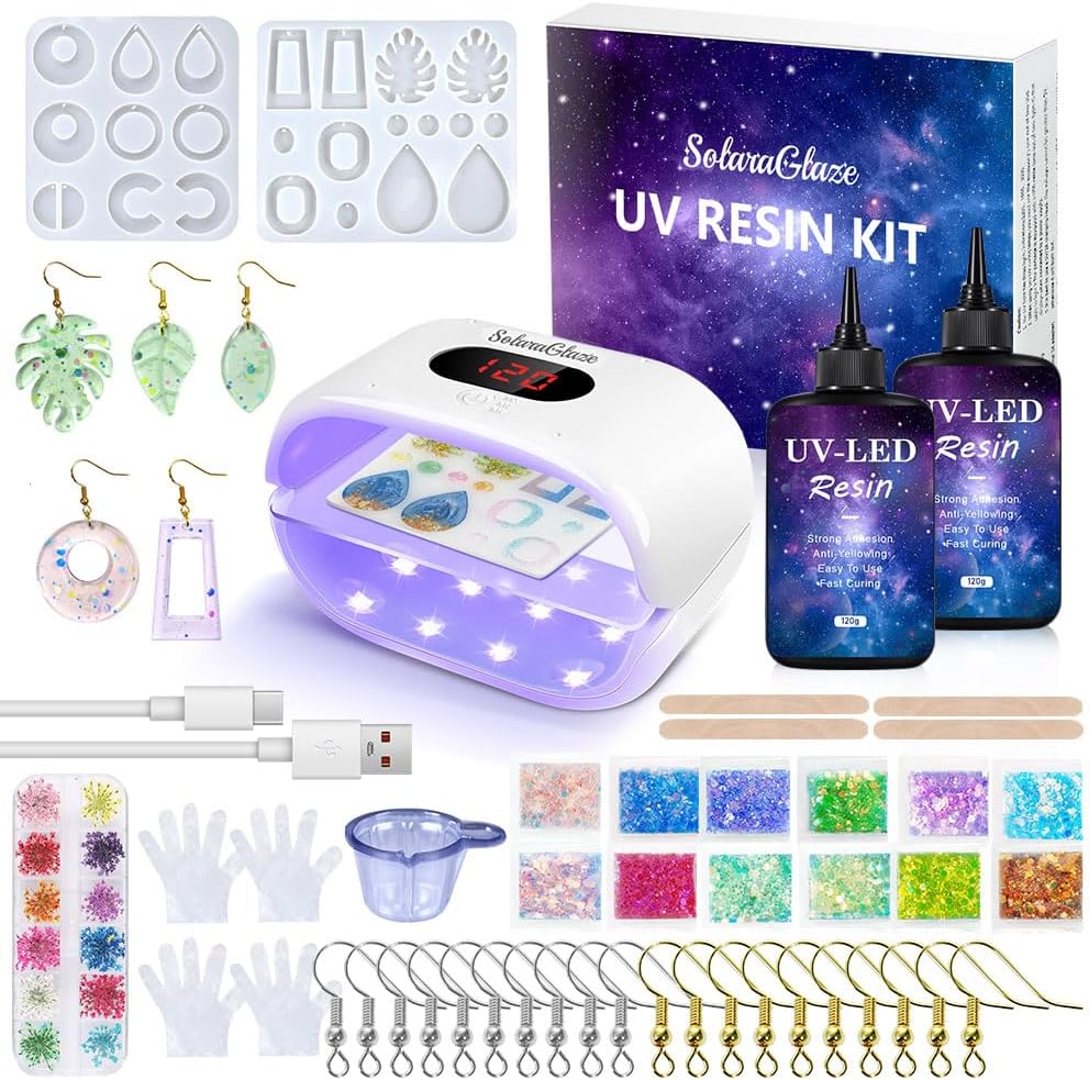 SolaraGlaze UV Resin Kit with Light 240g Hard Type Clear UV Resin Jewelry Making Kit Two-Sided Light and Molds DIY Jewelry Making Supplies for Keychain and Earring