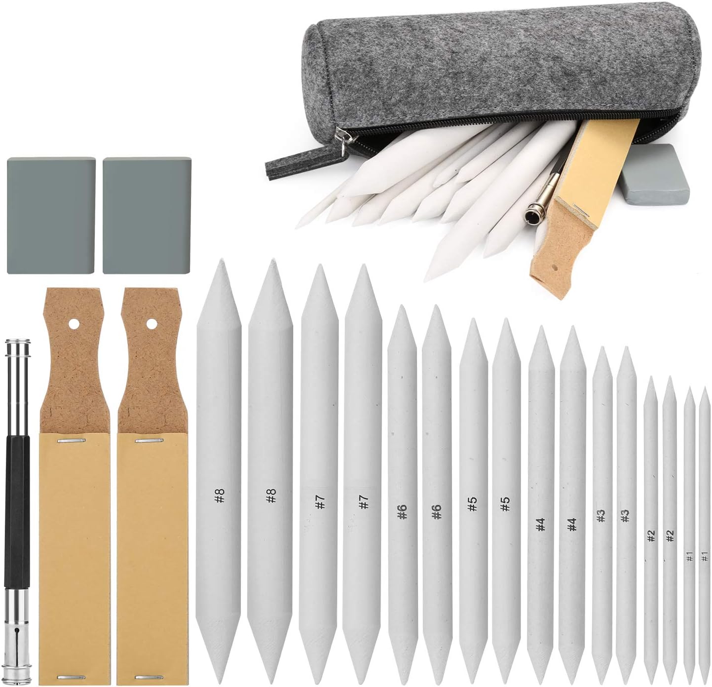 AGPTEK 22 PCS Sketch Drawing Tools, 16 Blending Stumps Set with 2 Sandpaper Pencil Sharpeners, 1 Pencil Extension Tool, 2 Erasers & 1 Felt Bag for Student Sketch Drawing Accessories