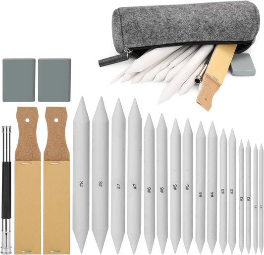AGPTEK 22 PCS Sketch Drawing Tools, 16 Blending Stumps Set with 2 Sandpaper Pencil Sharpeners, 1 Pencil Extension Tool, 2 Erasers & 1 Felt Bag for Student Sketch Drawing Accessories