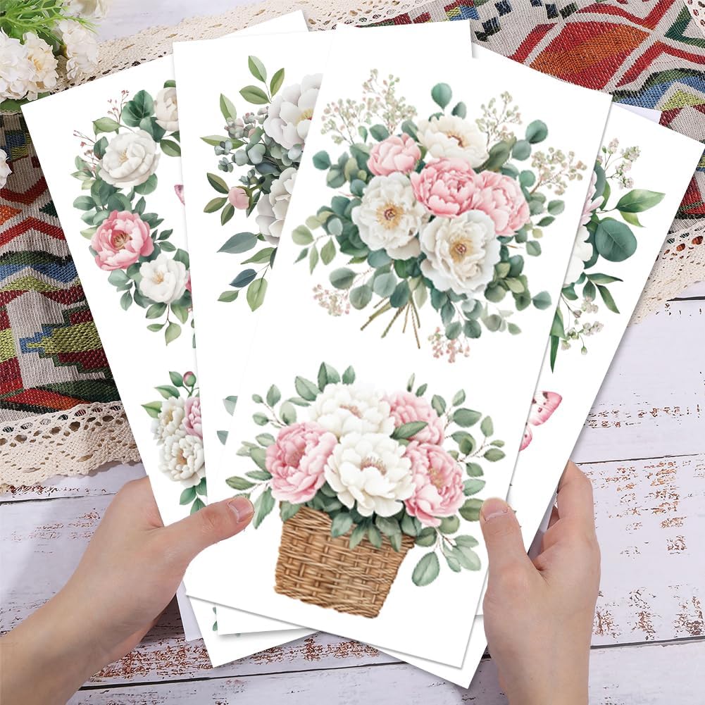 GLOBLELAND 4 Sheets Pink and White Flowers Transfer 11.8x5.9inch Peony Wreath Rub on Transfer Self-Adhesive Wall Art Decals for Farm Bedroom Living Room Desk Table Decoration