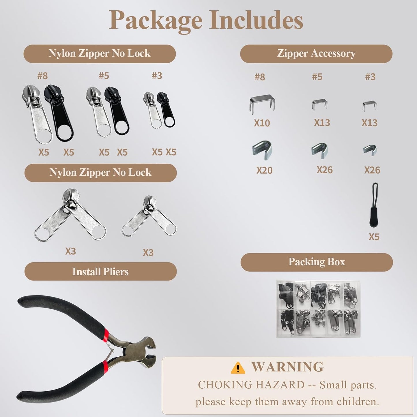 Vintrex 150 Pcs Zipper Repair Kit with Replacement Sliders, Metal Zipper Pull Replacement Kit with Install Plier for Jackets, Coats, Tents, Backpacks, Sleeping Bags, and Luggage