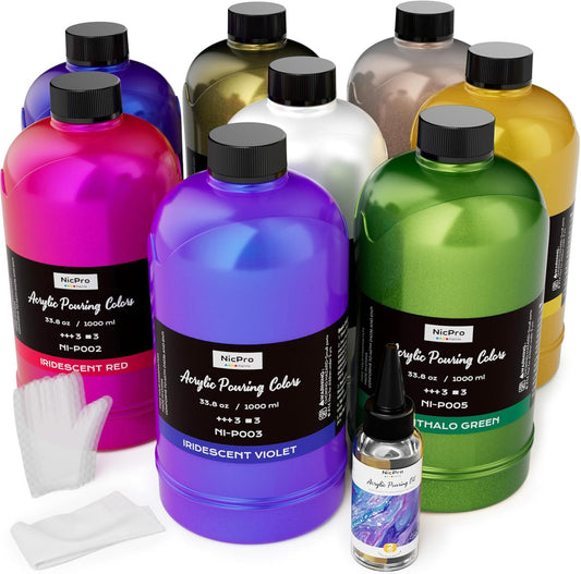 Nicpro 8 Colors 33.8 oz Large Bulk Iridescent Acrylic Pouring Paint Supplies Kit, Premixed High Flow Art Pour Paint with Silicone Pour Oil, Gloves, Tablecloths for Beginner DIY, Ready to Pour