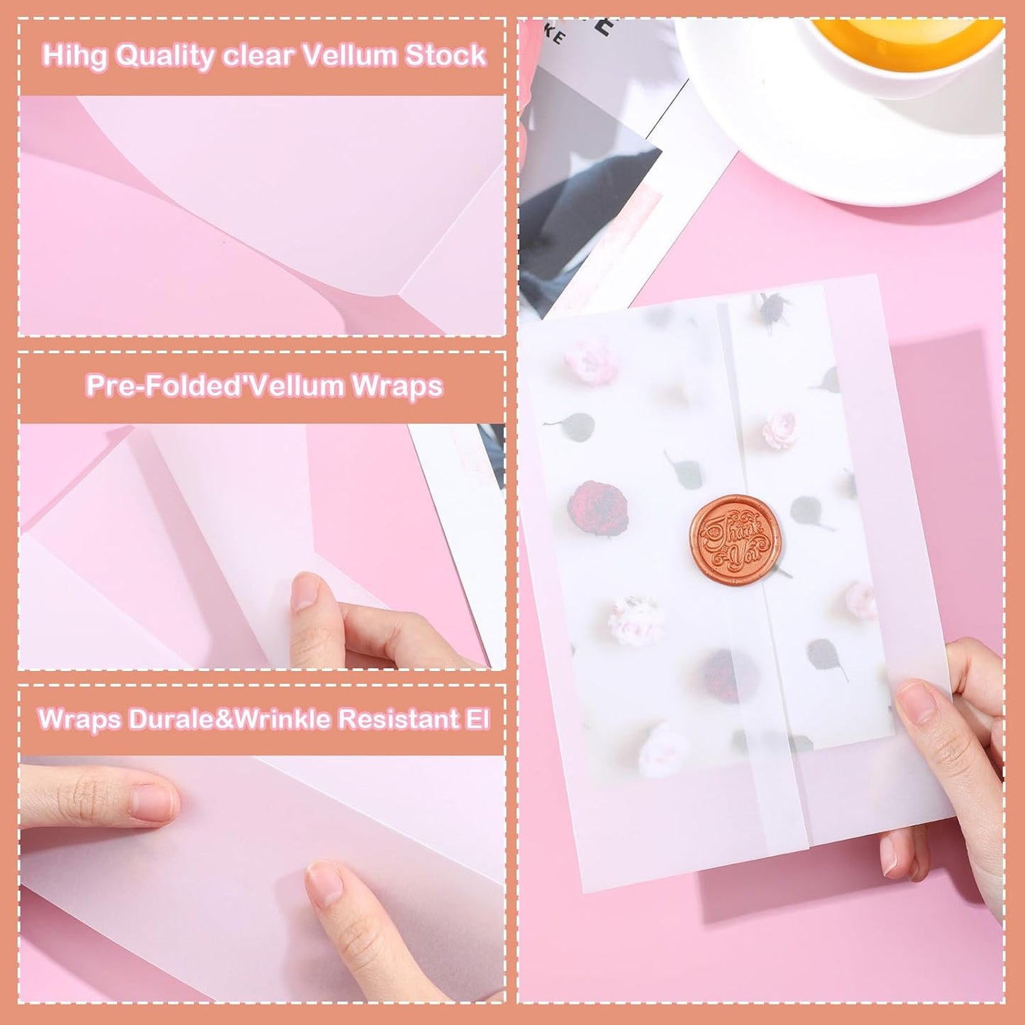 120Sheets Pre-Folded Transparent Vellum Jackets Paper for 5 x 7 in Invitations, 100GSM Translucent Matte Vellum Paper for DIY Printing Drawing Invitations Greeting Cards Invitation Cards
