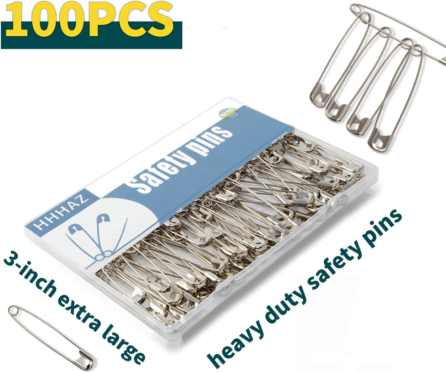 3Inch Extra Large Safety Pins - 100Pcs Heavy Duty Silver Nickel-Plated Steel - Bulk for Sewing, Crafts, Clothing, Decor & Clips