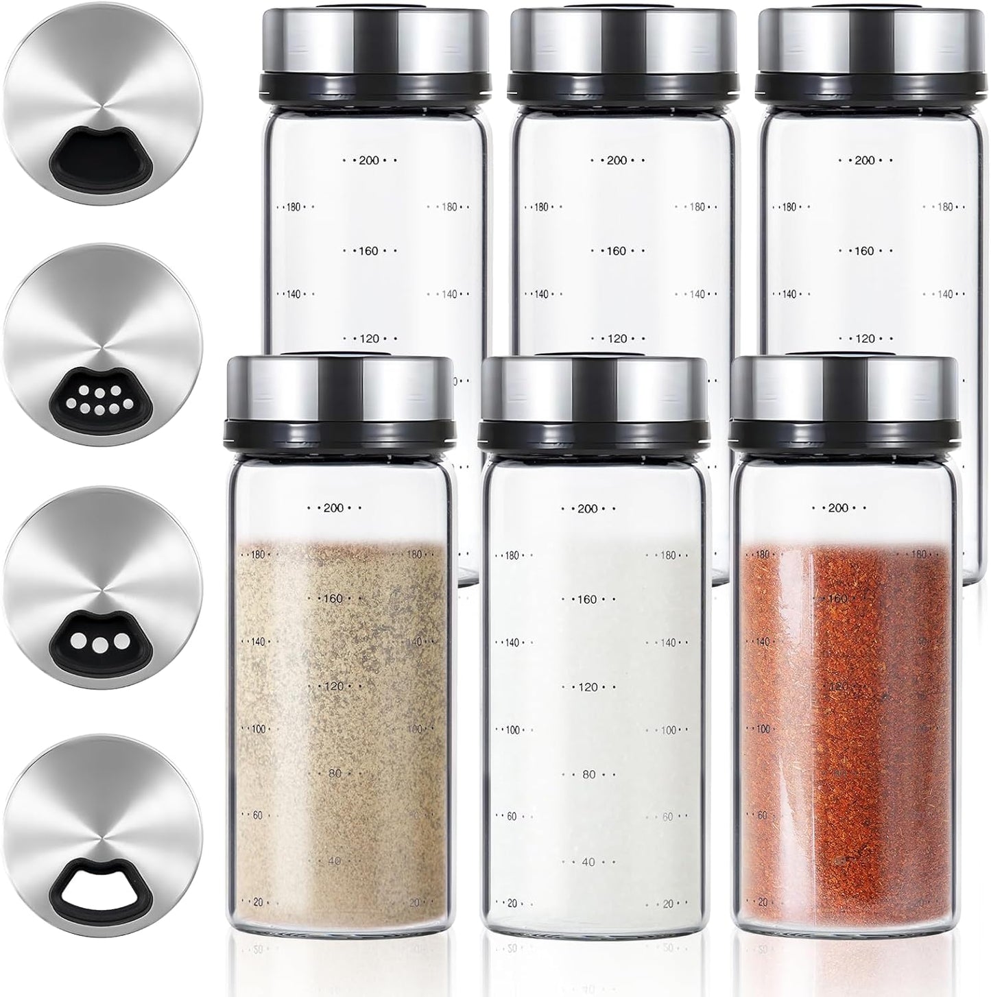 6 Pack Glass Spice Jars, 7 oz Salt and Pepper Shakers with Adjustable Pour Holes - for Seasonings, Herbs, Powders, Glitters