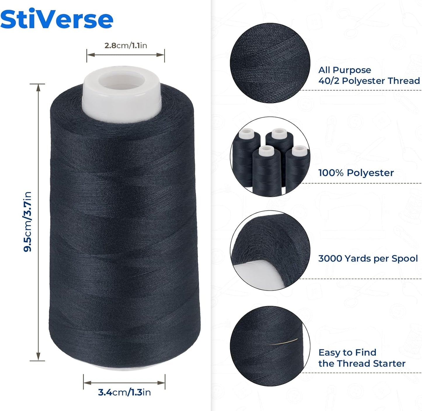 4 Pack Navy Blue Thread, 3000 Yards Denim Thread for Jeans, Polyester Sewing for Serger&Overlock, Quilting, Piecing, Sewing Machine