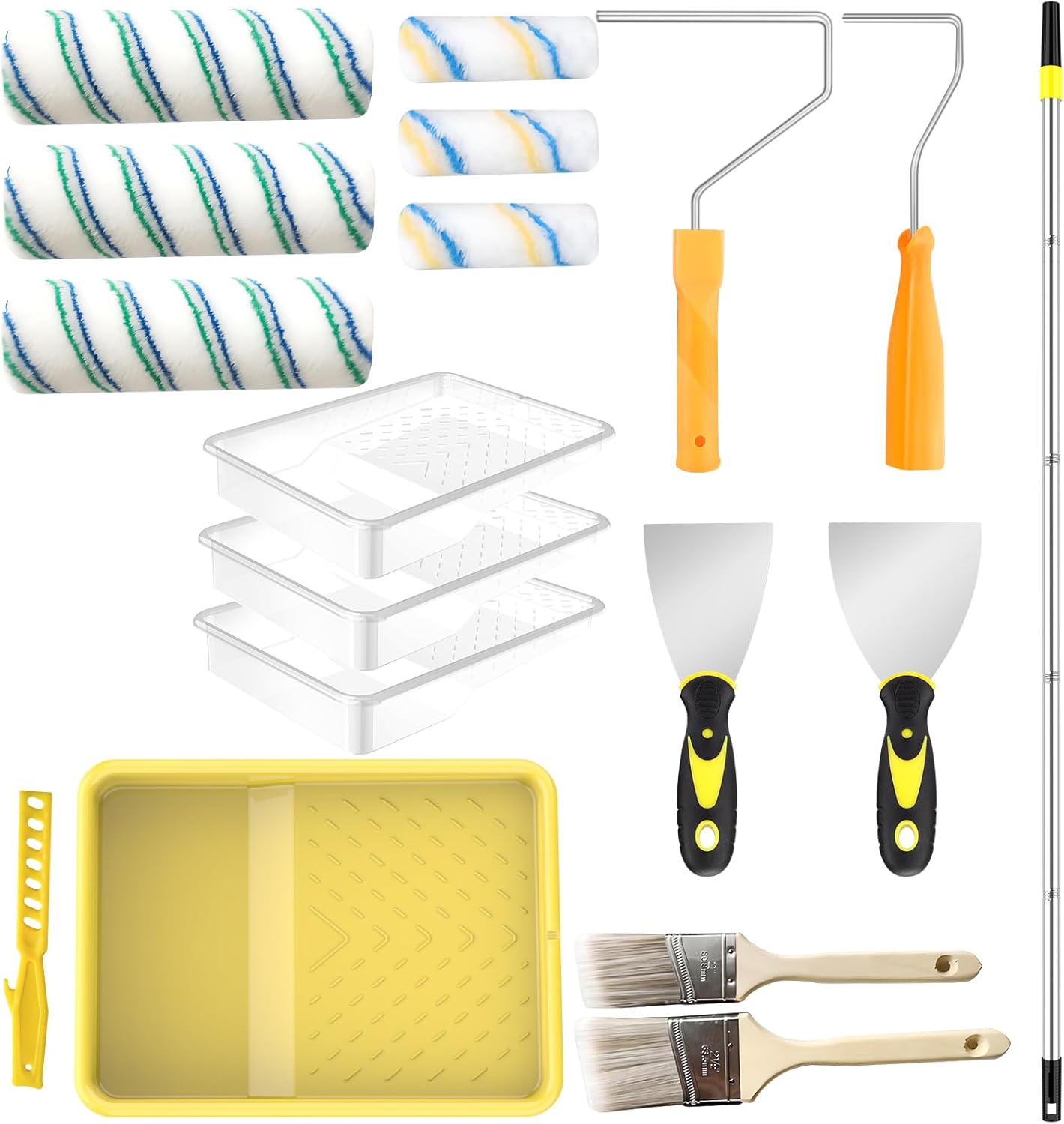 Paint Roller Kit with Extension Pole, Paint Brushes Set for Walls, Painting Supplies for Home Interior with Paint Brush, Paint Rollers, Paint Tray, Paint Tray Liner, Scraper etc.