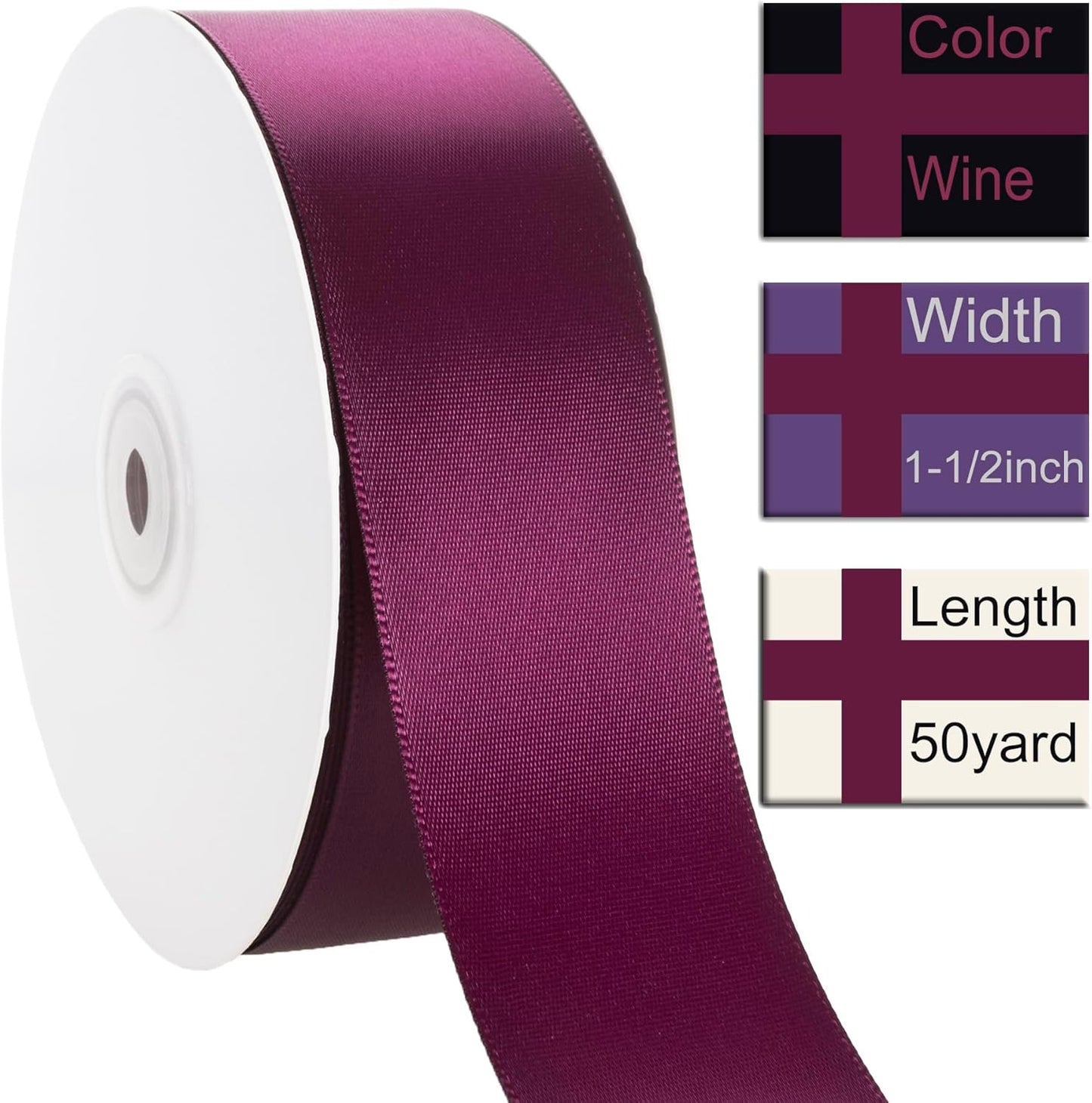 1-1/2 Inch Wine Ribbon, 50 Yards Craft Polyester Satin Ribbon Perfect for Gift Wrapping, Handmade Roses, Wedding Party Decorations and DIY Crafts