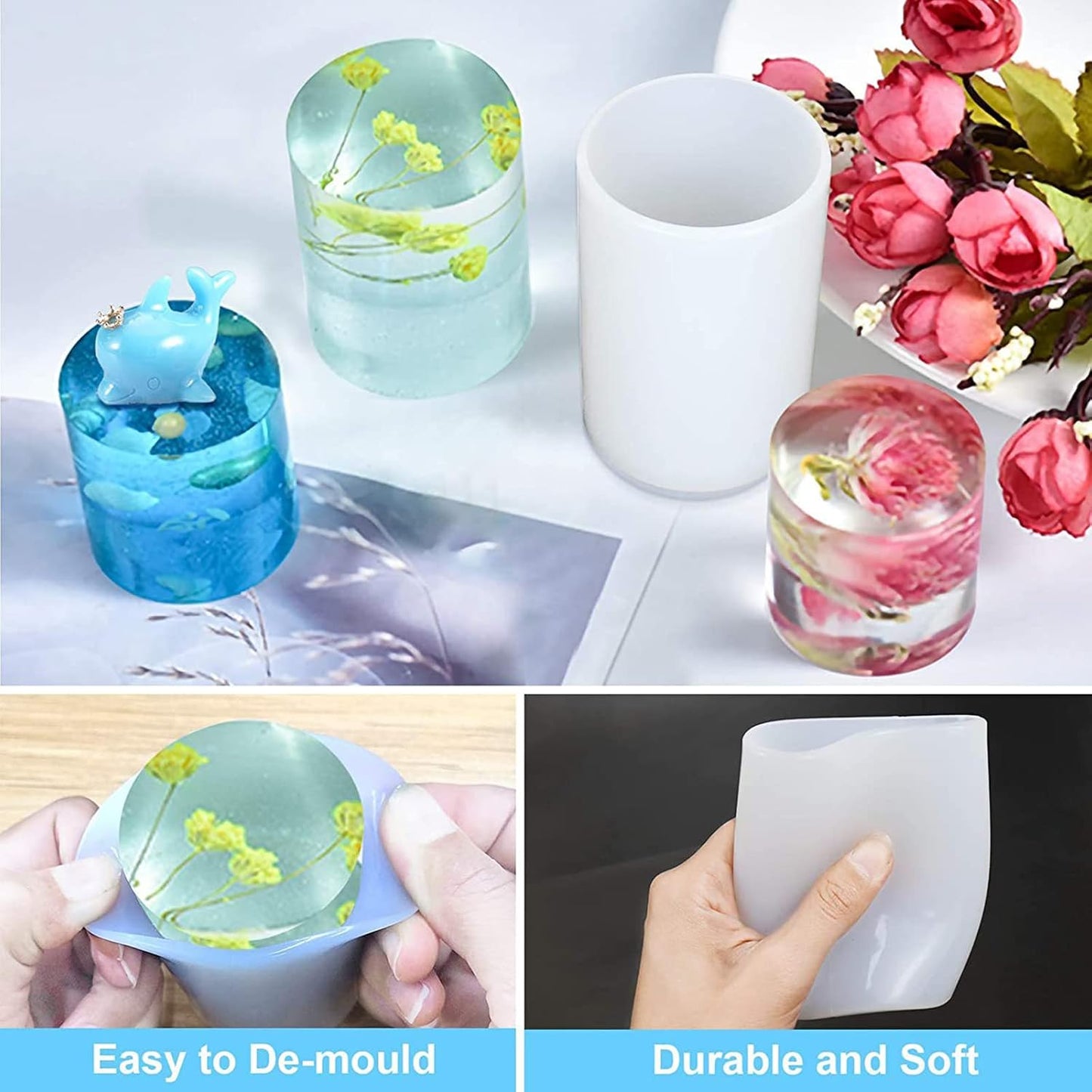 2 Pack Silicone Resin Flower & Candle Mold - Round & 3D Cylinder Molds for Handmade Candles & Soap