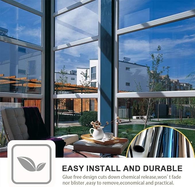 Filmgoo One Way Window Film Non-Adhesive Static Cling Daytime Privacy Film Sun Blocking Heat Control Mirror Window Tinting Film for Home Office, Black Silver, 17.5 Inch X 6.5 Feet