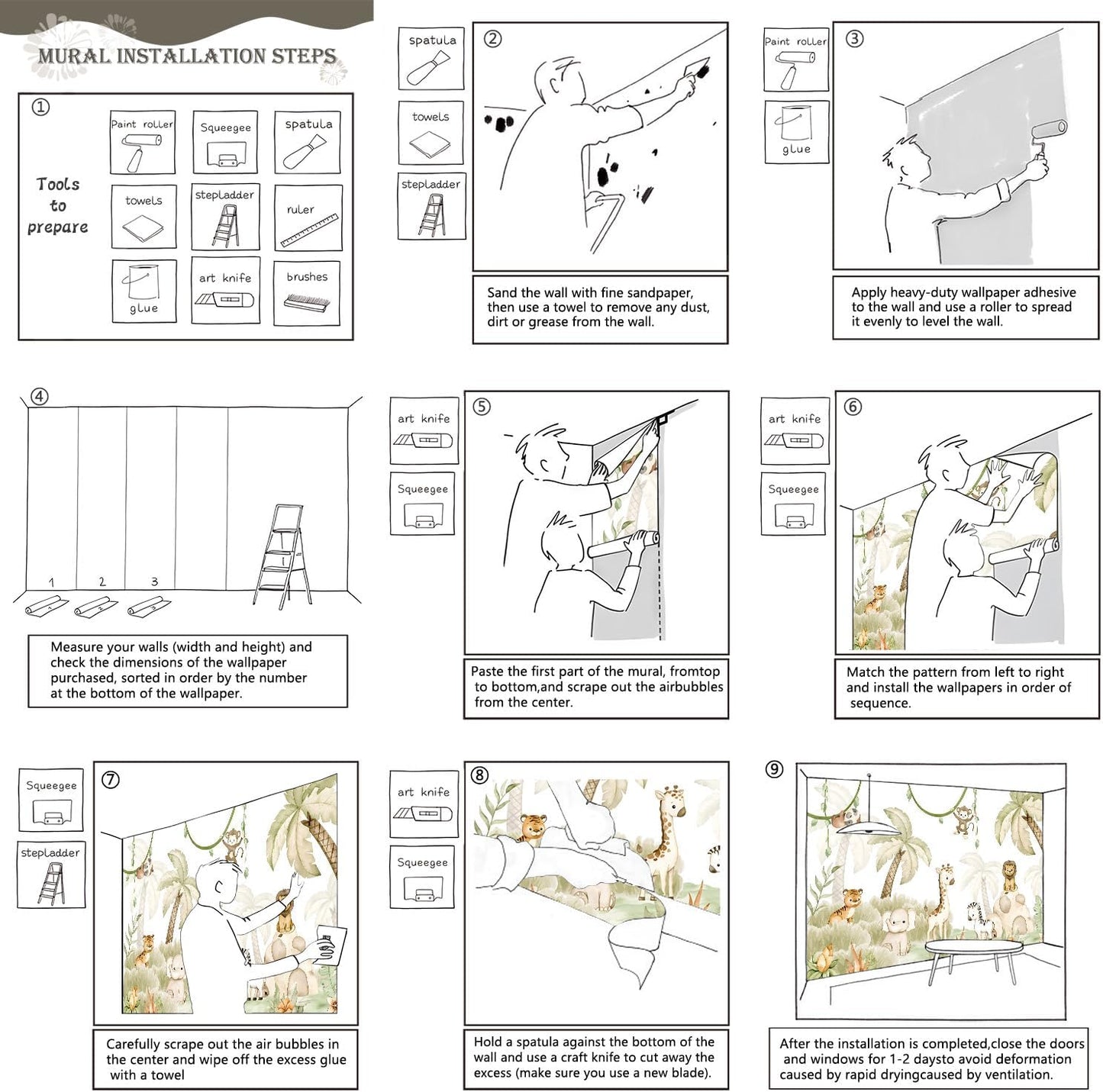 AFZEVEB-Safari Wallpaper Watercolor Animal Nursery Wall murals for Kids Room 182"x120"(Not Peel and Stick)