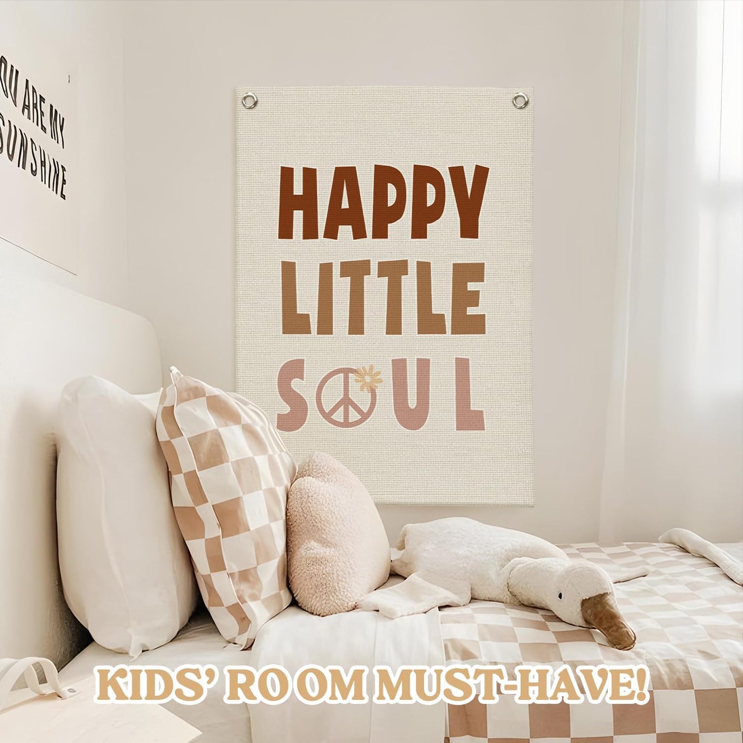 Nursery Wall Decor,Kids Room Decor,Happy Little Soul Linen Canvas Banner,Boho Inspirational Wall Hanging for Girls Bedroom,Nursery,Playroom 18x25 Inch