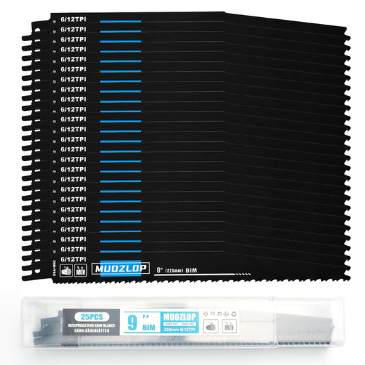 25 Pack 9 inch Reciprocating Saw Blades Set,6/12TPI High Carbon Saw Blades, Woodcutting Saw Blades with Organizer Case (25, 6/12TPI/225mm)