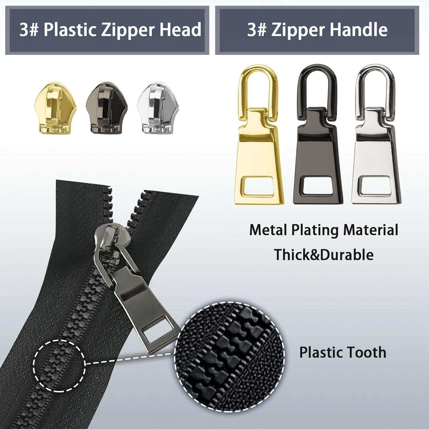 VICHERIA Zipper Repair Kit (45 Pcs), Universal Size #3 Zippers for Sewing, Replacement Slider Pull Fix Kit for Jackets, Coat, Boot, Backpack, Purse