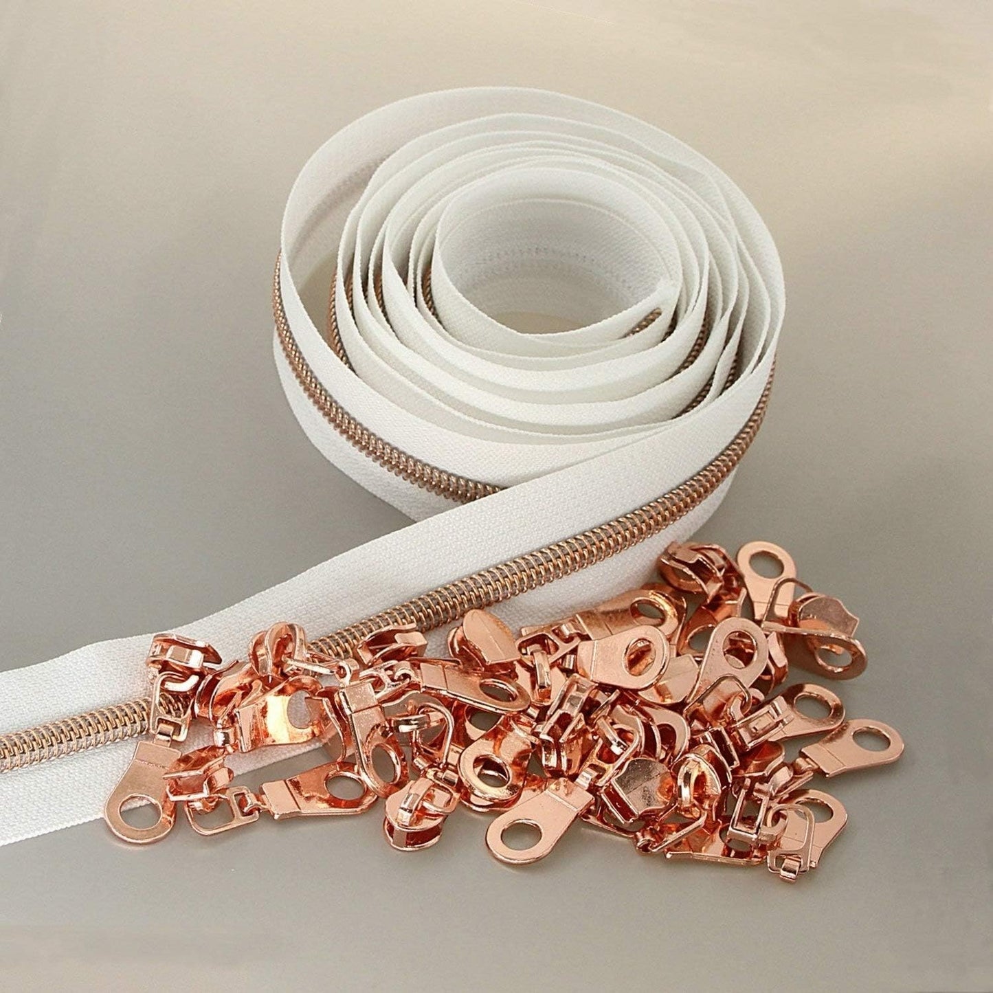 Leekayer #5 Rose Gold Metallic Nylon Coil Zippers by The Yard Bulk 10 Yards White Tape with 25pcs Rose Gold Sliders for DIY Sewing Tailor Craft Bag(White)