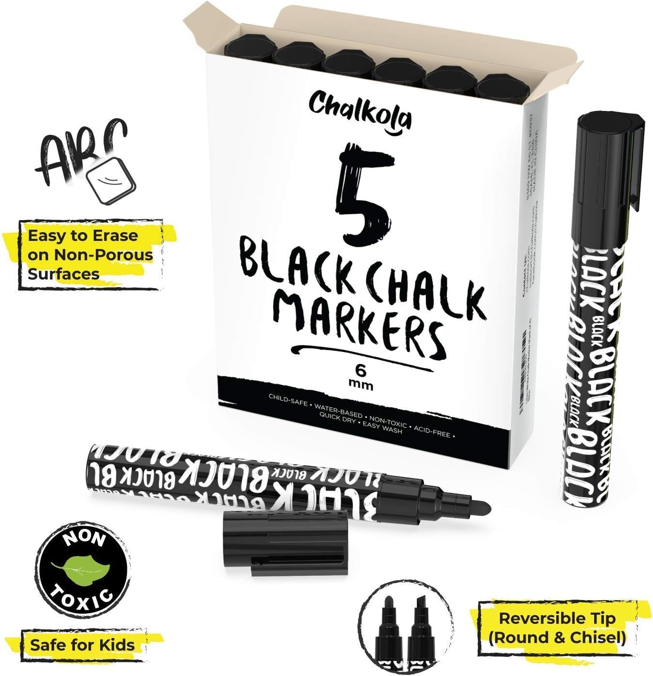 Black Chalk Markers - Liquid Dry Erase Marker Pens for Bistro, Chalkboards Signs, Windows, Blackboard, Glass - 6mm Reversible Tip (Pack of 5)