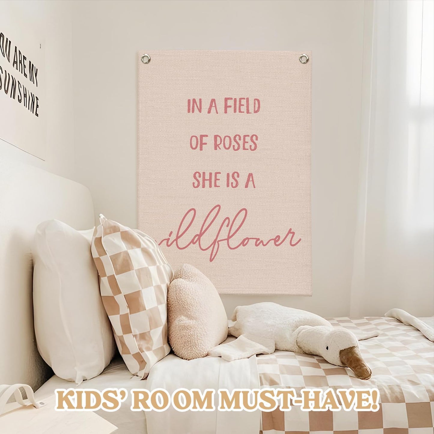Nursery Decor,Girls Room Decor,Pink Linen Canvas Banner,In a Field Full of Roses She Is a Wildflower Nursery Decor Wall Hanging Flag for Playroom Bedroom Little Girl Room 18x25 Inch