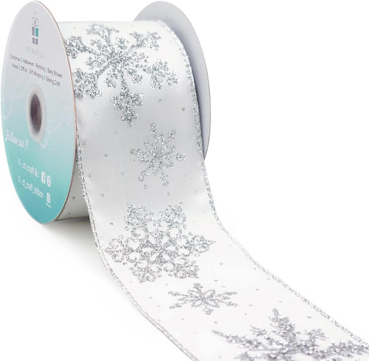 CT CRAFT LLC White Satin with Silver Snowflake Wired Ribbon 2.5 Inch x 10 Yards for Christmas Home Decor Tree Topper Bow Gift Wrapping DIY Crafts Wreath Garland