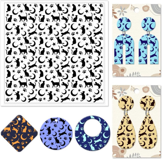 CHGCRAFT Cat Polymer Clay Texture Sheets Moon Stars Texture Stamp Sheets Silicone Texture Stamp Clay Texture Mat Texture Sheets for Polymer Clay Jewelry and Clay Earrings Tools
