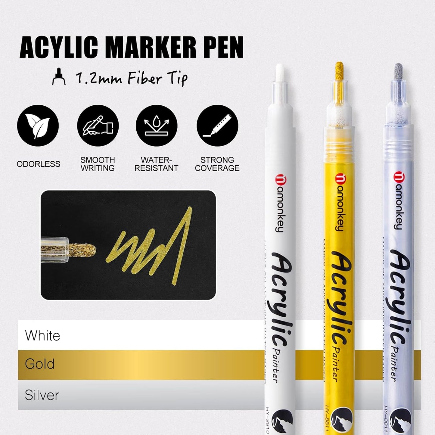 White, Silver & Gold Paint Marker Pens 6 Pack 1.2mm Fine Tip, Permanent Acrylic Ink for Rock, Wood, Metal, Glass, Ceramic, Plastic, Canvas, Pens for DIY Crafts, Art & Fine Detailing