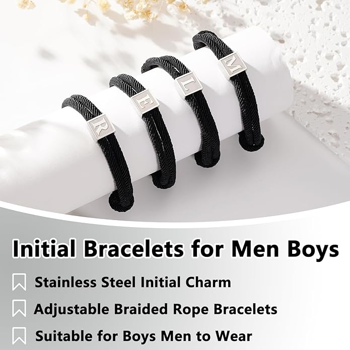 Zocomi Valentines Day Gifts for Him - Rope Initial Bracelet for Men Boys Girls, Stainless Steel A-Z Letter Charm Bracelet, Handmade Braided Bracelet Adjustable 7-13 Inches Jewelry Gifts for Men
