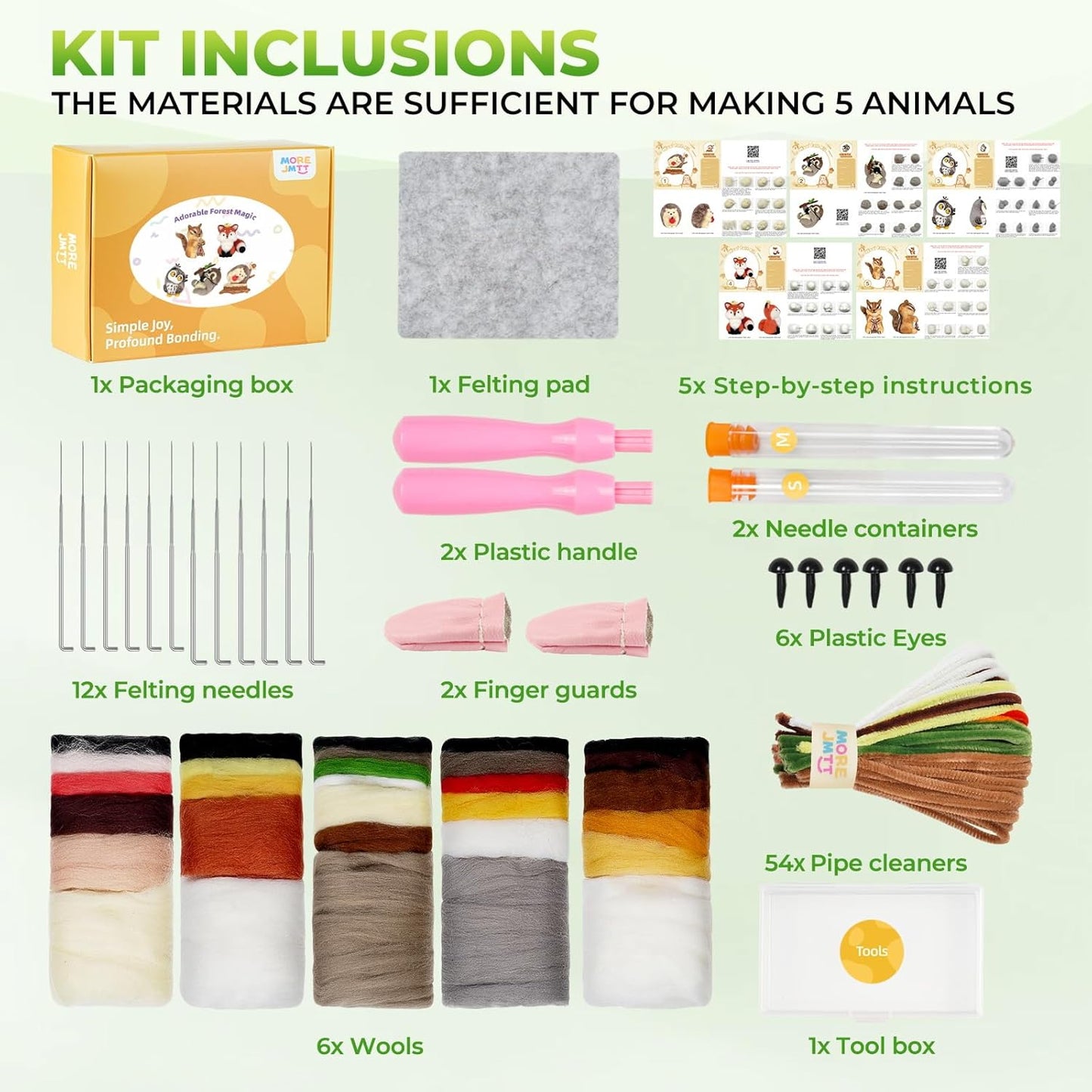 MOREJMTT Needle Felting Kit, 5 PCS Animal Needle Felting Beginner Kits, Wool Felt Needle Felting Tools Foam Pad, Craft Party Supplies for Beginners Adult(Forest Animals)