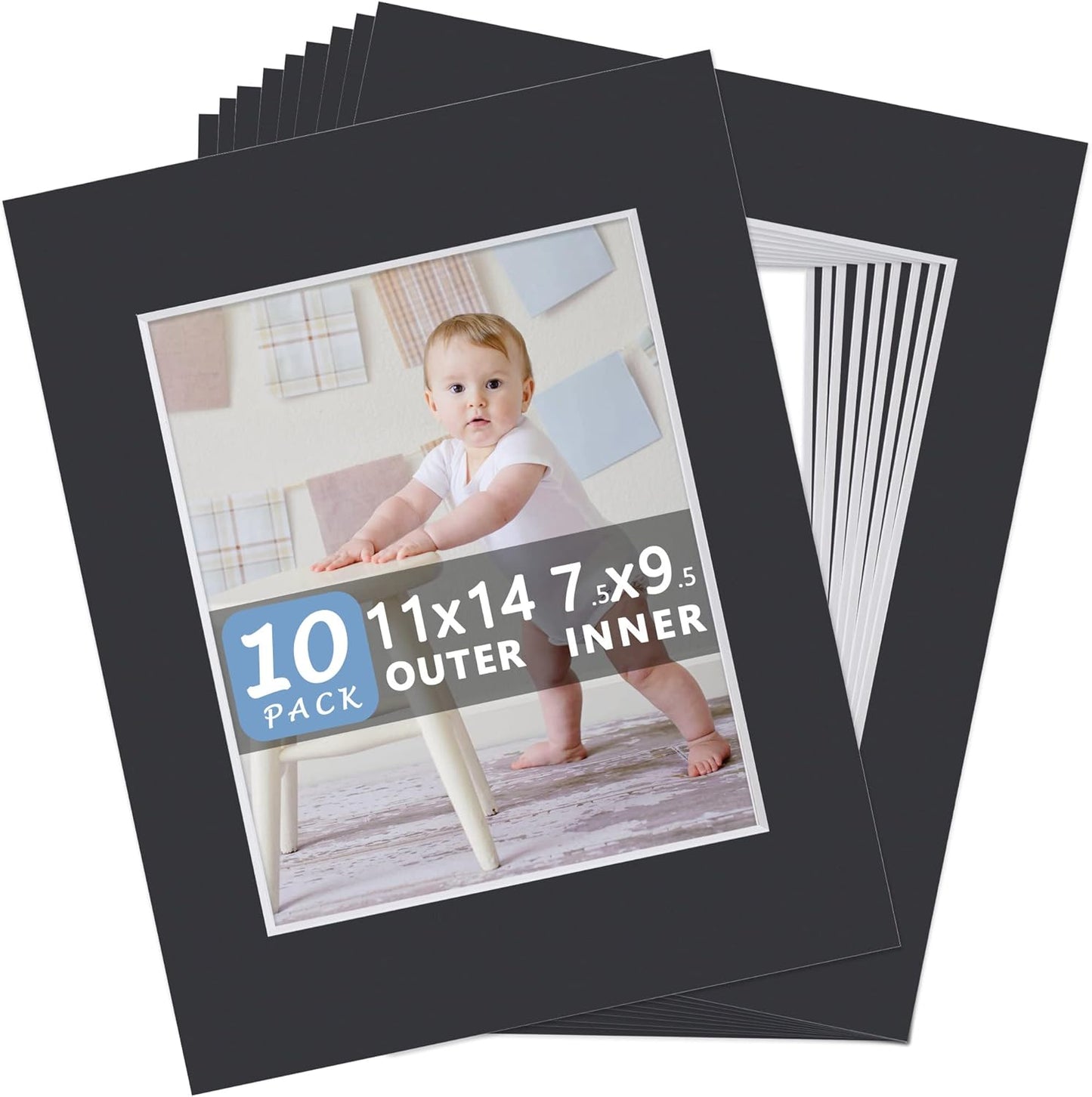 10 Pack Pre-Cut 11 x 14 Black Picture Mats for 8x10 Photos - White Core Bevel Cut Frame Matte, Acid Free, Ideal for Frames/Artwork/Prints