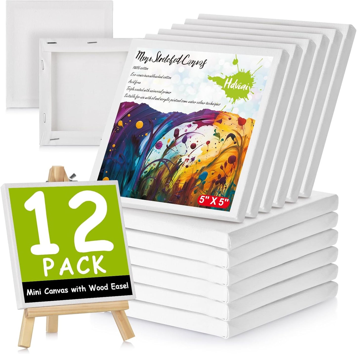 12PCS Mini Canvas and Easel Set - 5x5In Profile Small Square Canvases and 7.7 x 4.4In Easel - 100% Cotton Mini Stretch Canvas for Children's Painting Art Supplies, School Home Decorating Projects