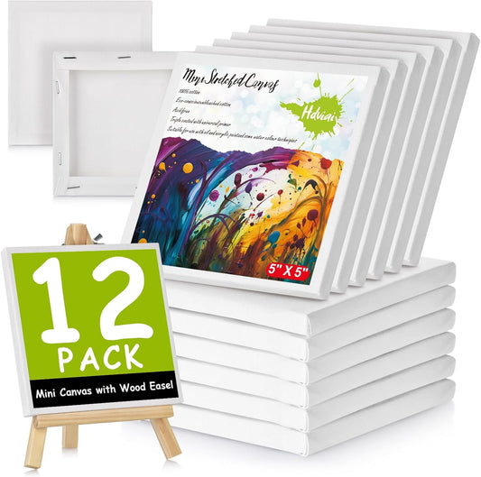 12PCS Mini Canvas and Easel Set - 5x5In Profile Small Square Canvases and 7.7 x 4.4In Easel - 100% Cotton Mini Stretch Canvas for Children's Painting Art Supplies, School Home Decorating Projects