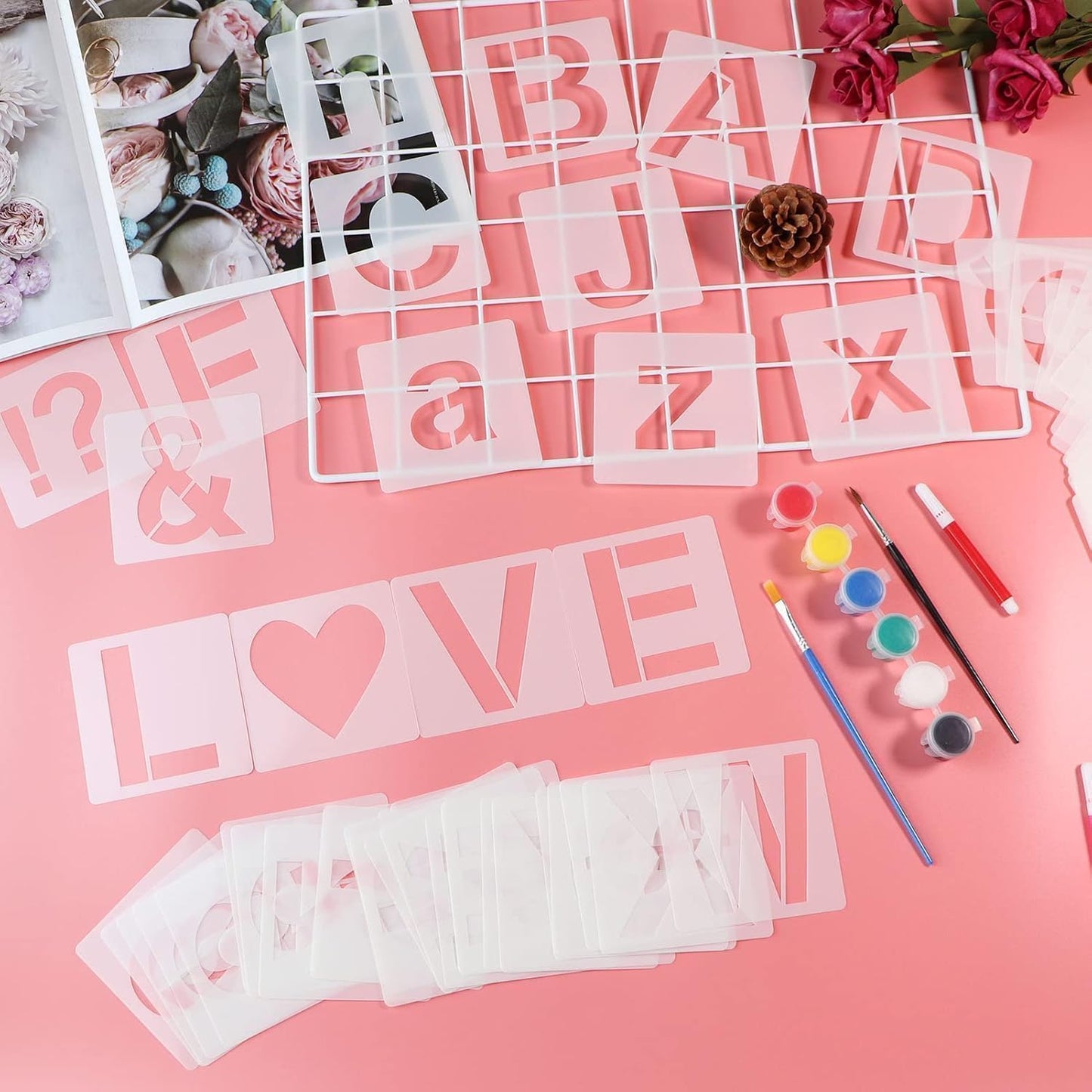 4 in Alphabet Number Stencils for Painting, 42 Pcs Reusable Letter Stencils for DIY Project Art Craft Spray Painting Templates Interlocking Stencil Kits for Wood Signs, Wall Art