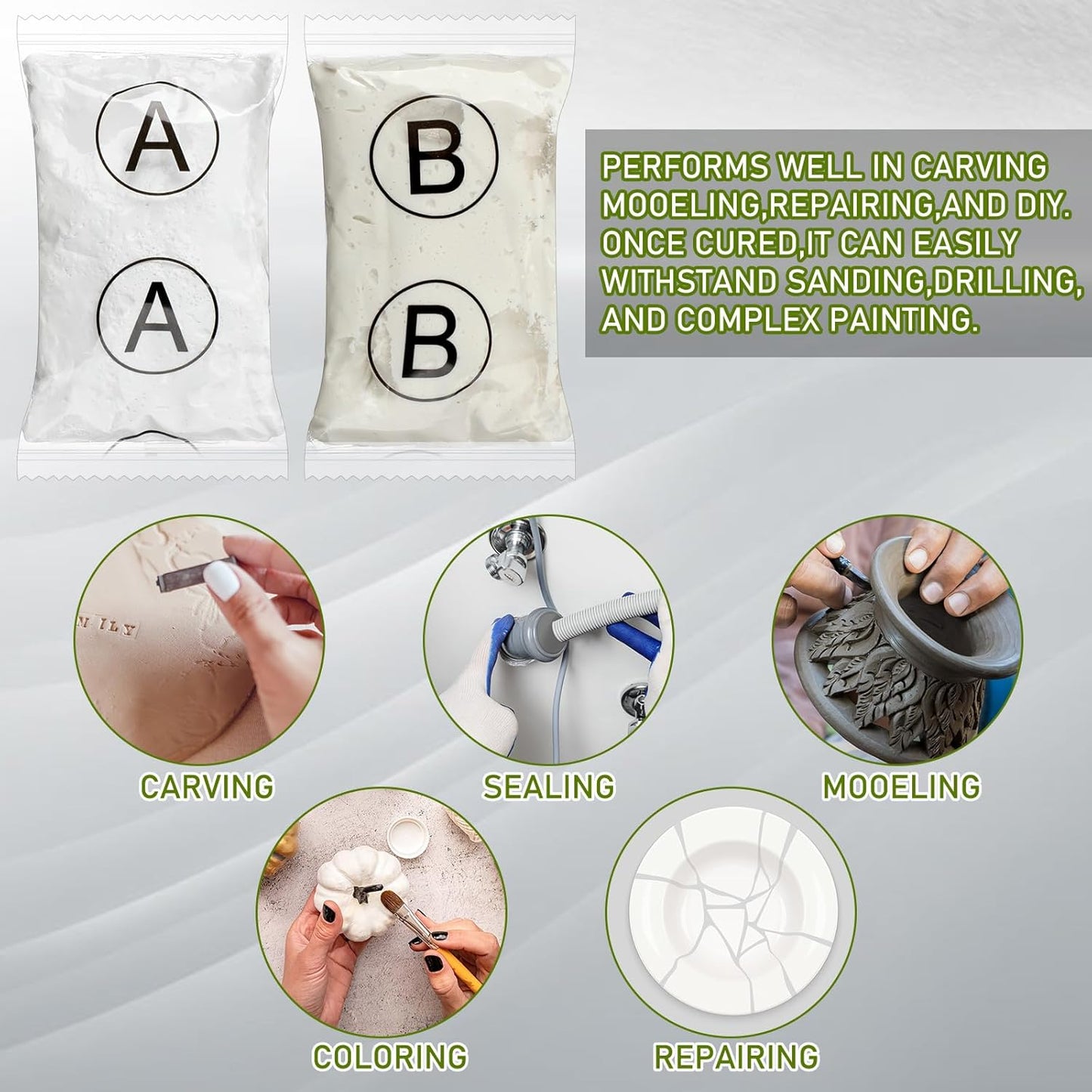 Maitys 2. 2 Pound White Epoxy Putty Sculpt Clay 2 Part Modeling Compound A & B Self-Hardening Epoxy Clay for Sculpting Modeling Building Repairing Sculpting Filling Metal Wood Tile Ceramics Plastic