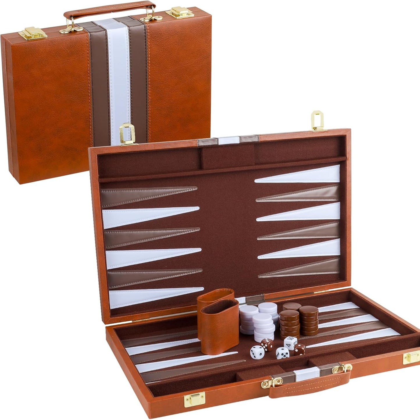 Backgammon Set 2 Players Classic Backgammon Sets for Adults Board Game with PU Leather Case Portable and Travel Backgammon Set (Brown, 18inch)