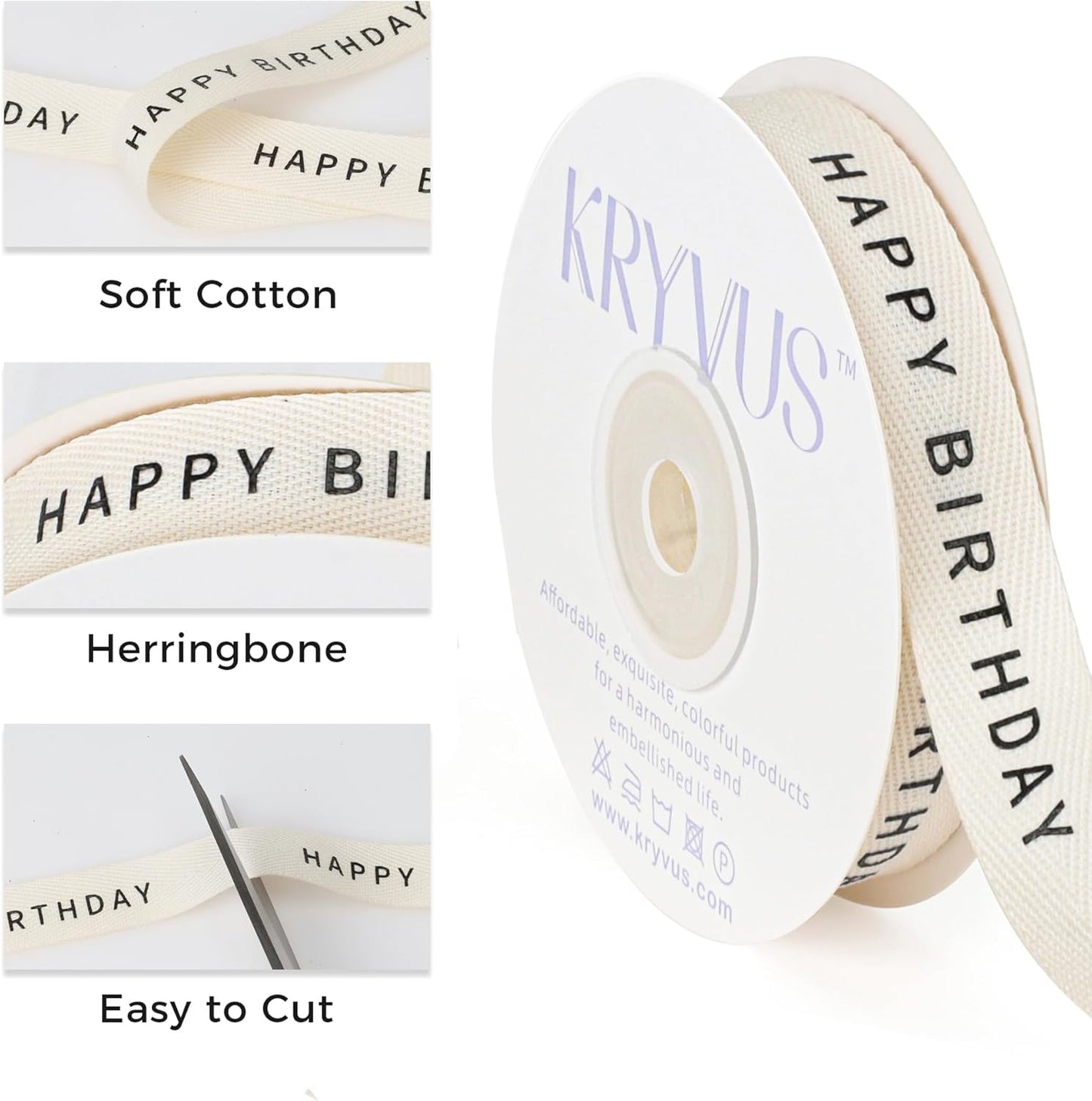 Happy Birthday Ribbon - 5/8 Inch x 12 Yards Natural Twill Tape Ribbon, Cotton Herringbone Ribbons for Gift Wrapping, Birthdays, Christmas, Anniversaries, Mother's Day