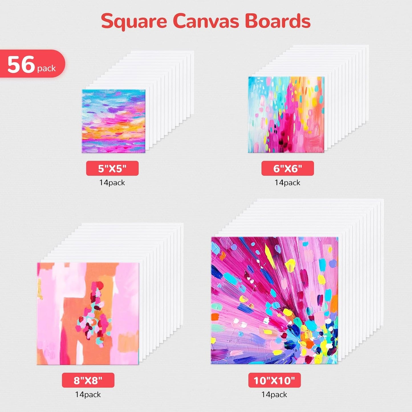Small Canvas Boards for Kids Painting 56Pcs of 5x5, 6x6, 8x8, 10x10 inch Flat Square Canvas Panels, 100% Cotton White Acrylic Watercolor Paint