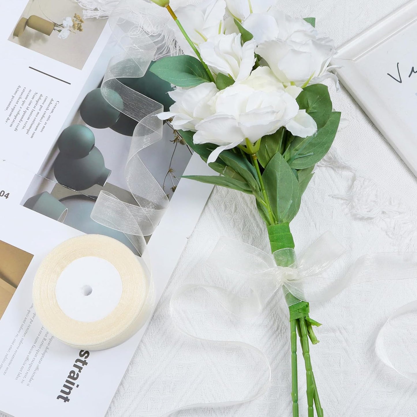 Ribbon for Gift Wrapping 3/4 inch Ivory Sheer Organza Ribbon for Flower Bouquet Tulle Thin Chiffon Ribbons for Wedding Invitations Christmas Halloween Presents Decorations Crafts 50 Yards