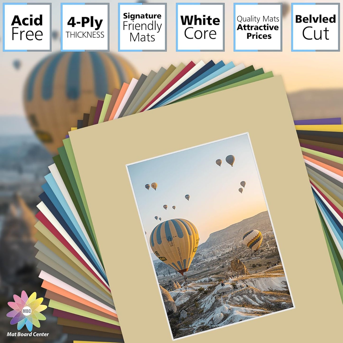 Mat Board Center, Pack of 50, 8x10 for 5x7 Mix Color Picture Mat Sets - Acid Free, 4-ply Thickness, Bevel Pre-Cut White Core - Includes Backing Boards and Clear Bags - for Pictures, Photos, Framing