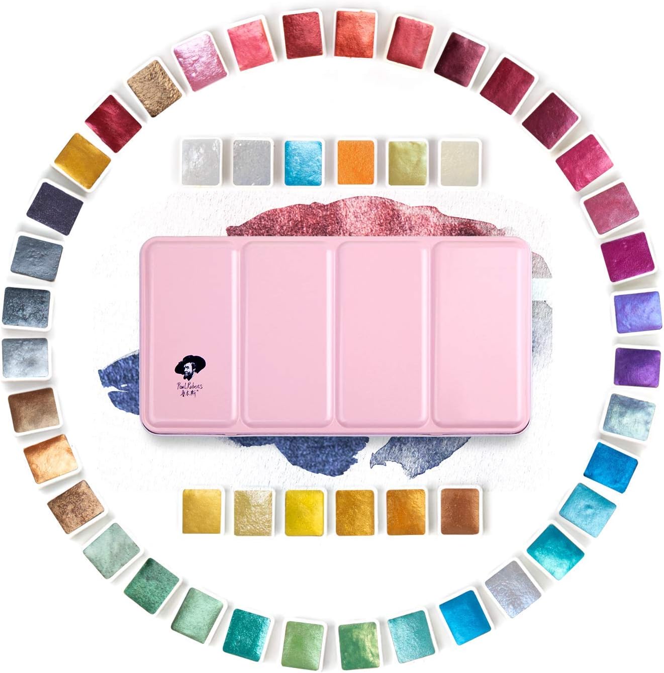 Paul Rubens Artist Grade Watercolor Set, 48 Colors Glitter Metallic Paints, Portable Metal Case, Suitable for Beginners, Hobbyists, Students, Artists