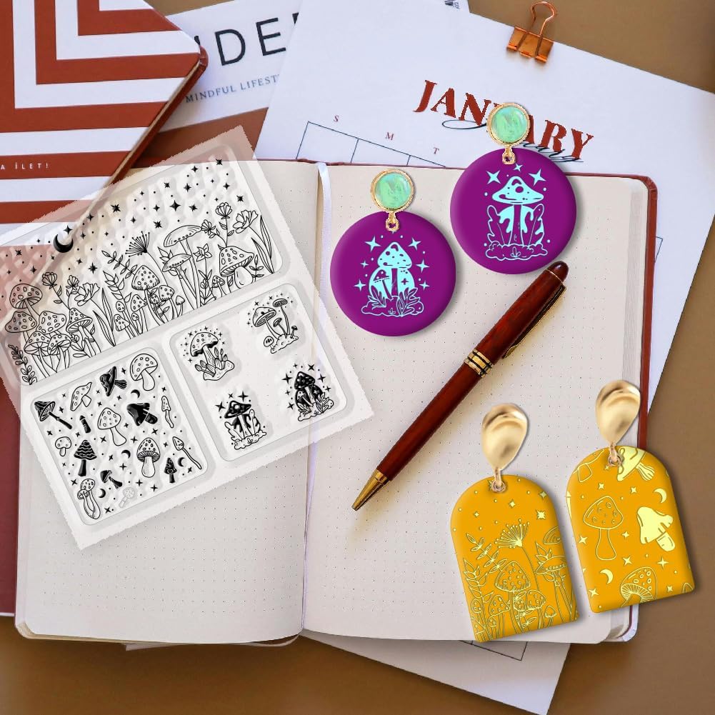 CHGCRAFT Polymer Clay Texture Sheet Mushrooms Silicone Texture Stamp Stars Flowers Clay Texture Mat Modeling Pattern Pad Polymer Clay Tools for Jewelry Earring Making DIY Craft, 5.5x5.5inch