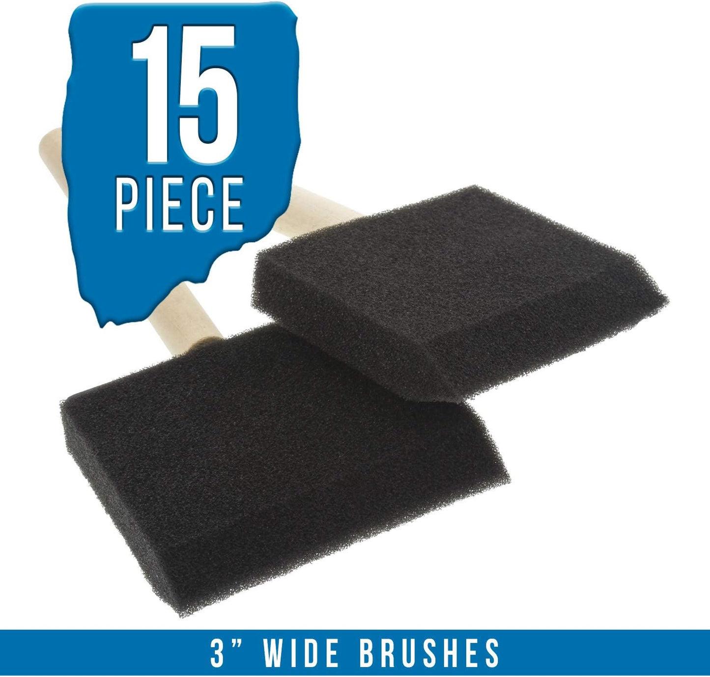 US Art Supply 3 inch Foam Sponge Wood Handle Paint Brush Set (Value Pack of 15) - Lightweight, durable and great for Acrylics, Stains, Varnishes, Crafts, Art