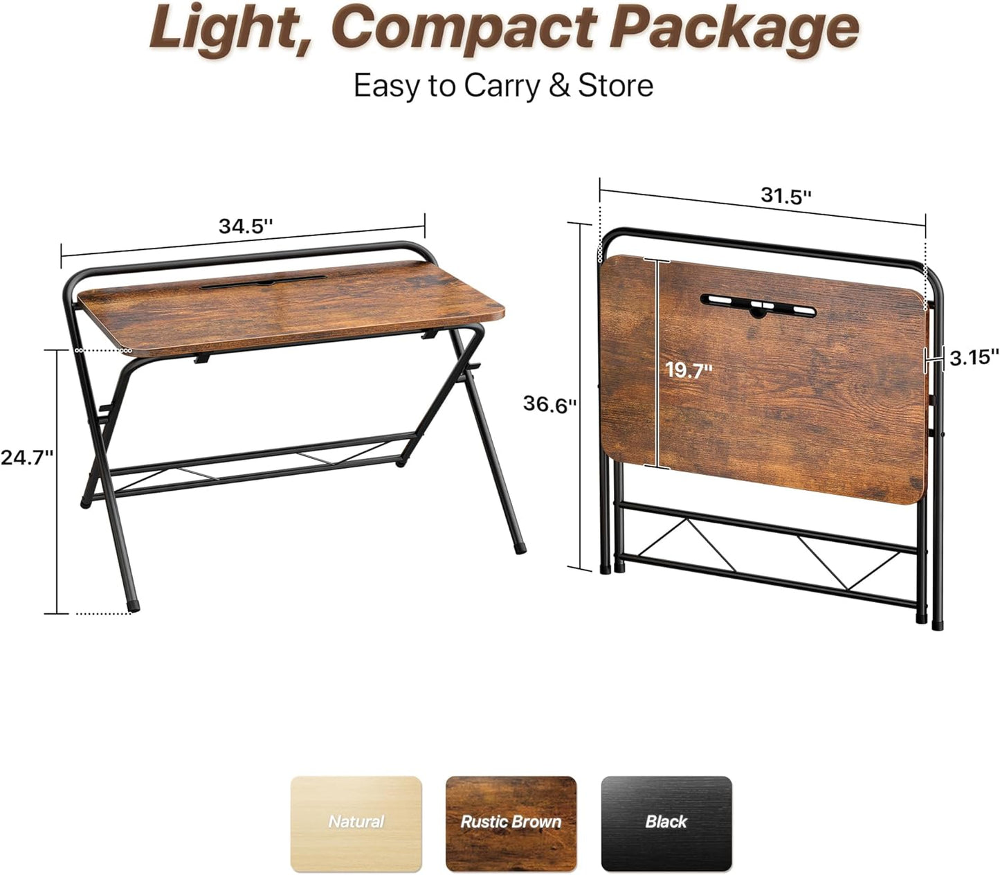 Huuger Folding Desk with 3-Level Adjustable Height and Tablet Slot, 32 Inch Foldable Computer Desk for Small Spaces, Space Saving, Writing Work Table for Home Office, Bedroom, Study, Rustic Brown