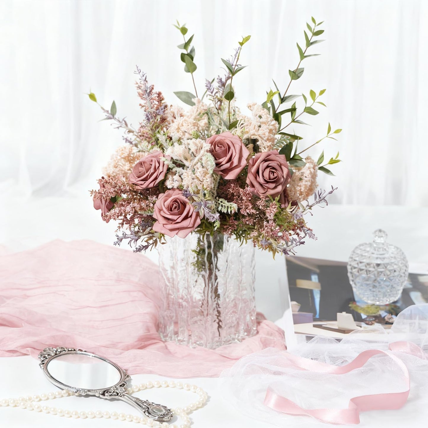 Artificial Flowers Foam Fake Roses 25pcs Dusty Rose Faux Roses with Stems for Home Decor DIY Wedding Bouquets Party Bridal Shower Centerpieces Faux Flower Arrangements Tables Decorations