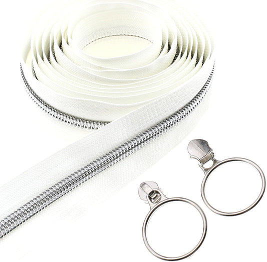Leekayer #5 Silver Metallic Nylon Coil Zippers by The Yard Bulk 10 Yards White Zipper Tape with 25pcs Silver Ring Pull Sliders for DIY Sewing Tailor Craft Bag(White)